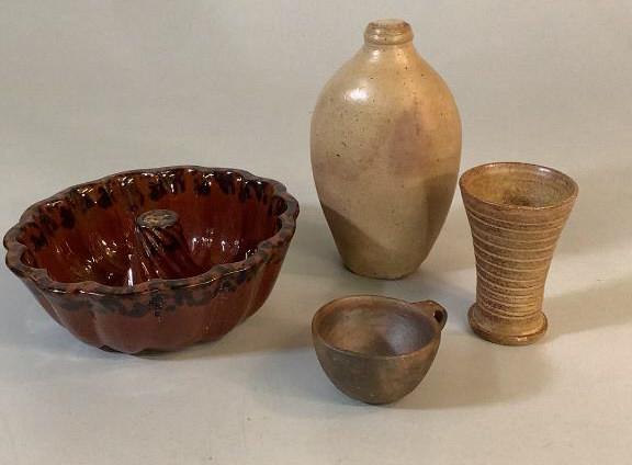 Pottery Articles: Redware Turks Head cake mold, possibly Salem NC, Charleston SC ? Pottery flask bottle 7 inches, pottery tumbler, no marks,small alkaline glaze cup, reputed as Pinebury Plantation piece