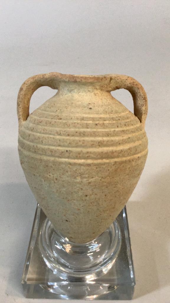 Holy Land Table Amphora: 5 inch pottery form, double handles, tapered