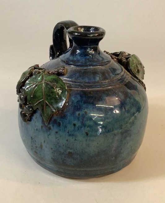Bobby Ferguson Folk Pottery Jug: 6 x 7 inch blue glazed jug, loop handle, grape clusters, , signed