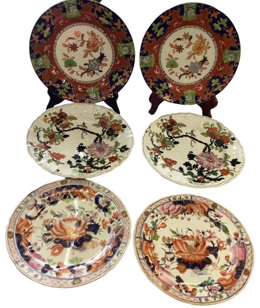 6 Masons Ironstone Plates: Pair 10.5 inch chargers heavy banded decoration, pair 10 inch plates, white ground with mums and bird, pair 9.5 inch plates, cobalt, iron red, pink, green all marked/ stamped Masons
