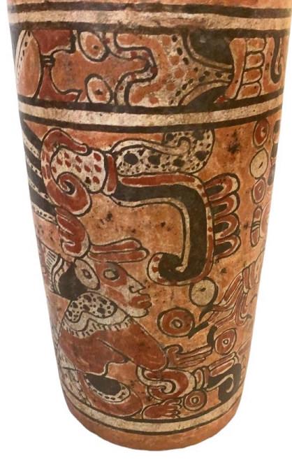 Central America Pottery Vessel: 10 inch tall Cylinder style vase , decorative design in the Mayan tradition