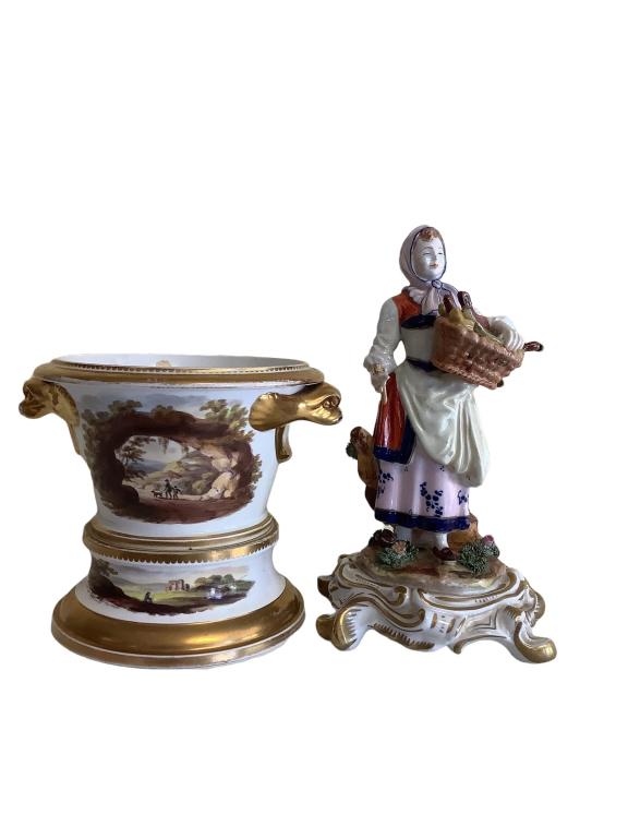 Spode Bowl, Sevres Figurine: 5.5 x 6 inch footed Urn, Continental scenes, gilt banding and open work handles, stamped Spode, 8 inch Sevres figure on woman with basket, wearing apron and scarf, marked* chipped spoon she holds in h