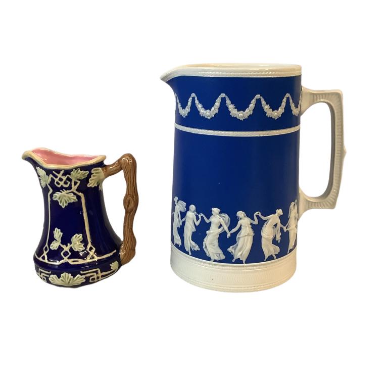 Spode Cameo Pitcher, Majolica Creamer: 7.5 inch Copeland Spode Cameo pitcher of Grecian Design, 5 inch Majolica cream pitcher with branch handle