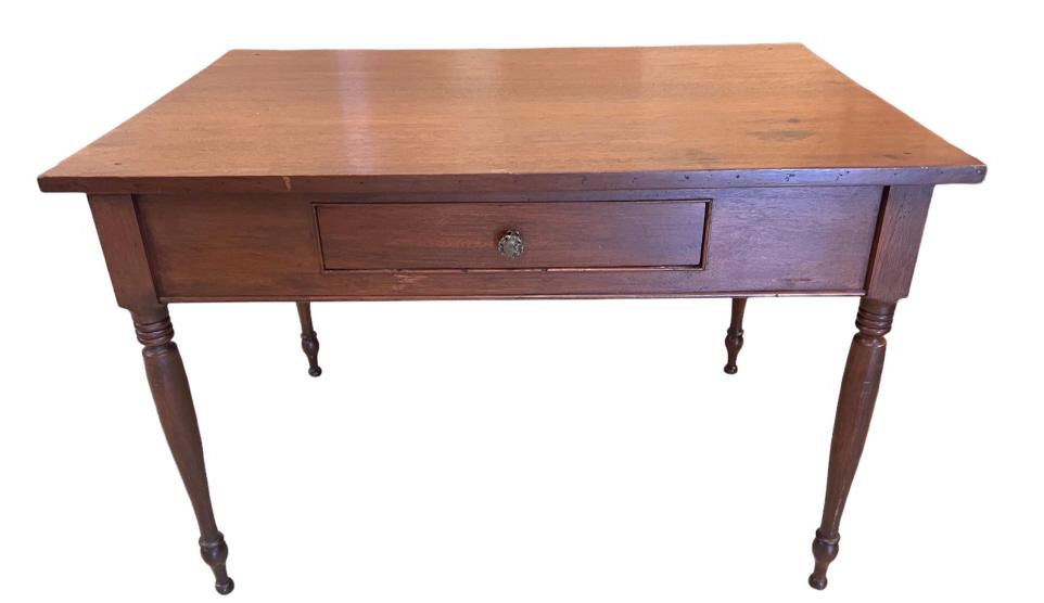 Walnut 1 Drawer Work Table: Mid 19th C, turned legs, dovetailed drawer, drawer was added later, 30.5 tall x 46.5 wide x 31.5 deep
