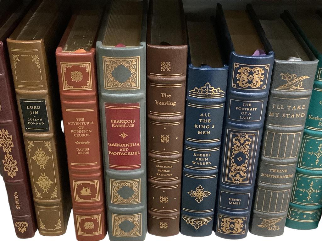 20 Leather Bound Classics: Varied, includes Dumas, Zane Grey, Robert Penn Warren, Defoe, Joseph Conrad, all leather bound, published Oxmoore House, Easton Press, Palladium Press, most gold page ends, some moire and marveled end