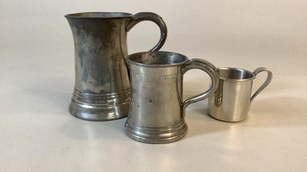 Pewter Tankards, Cup: English Pint tankard, 5.5 inches, w/ William Rex stamp, James Yates half pint tankard, circa 1800, 3 3/4 inches, stamped at handle, small Steiff cup ( contemporary )