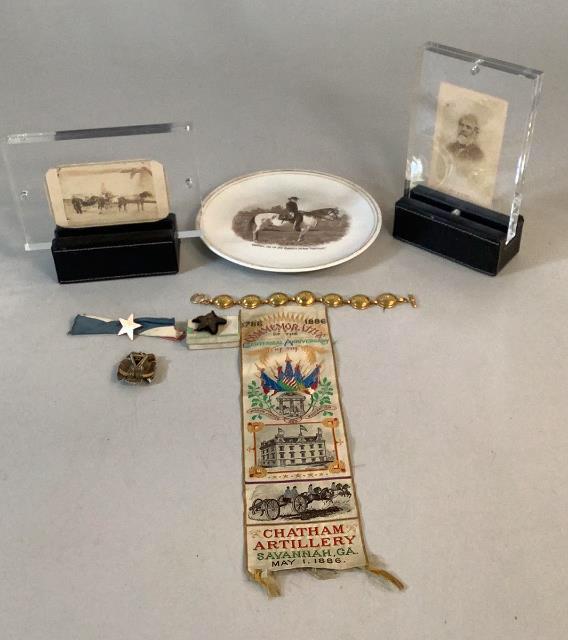 Civil War Related: Centennial Ribbon, 1886 Chatham Artillery, Confederate Uniform Collar Star, Texas Star Pin and ribbon, engraved Wilson, CSA bracelet ( commemorative ), 7 inch pictorial plate General Lee and Traveler,