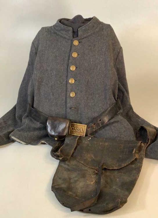 Confederate Jacket, Cap Box, Belt/Buckle, Bag: Enlisted Mans Jacket, later war variety, 9 button style( 2 missing) Brass Buckle stamped CSA with leather belt, , leather cap box, polished canvas shoulder bag, not authenticated
