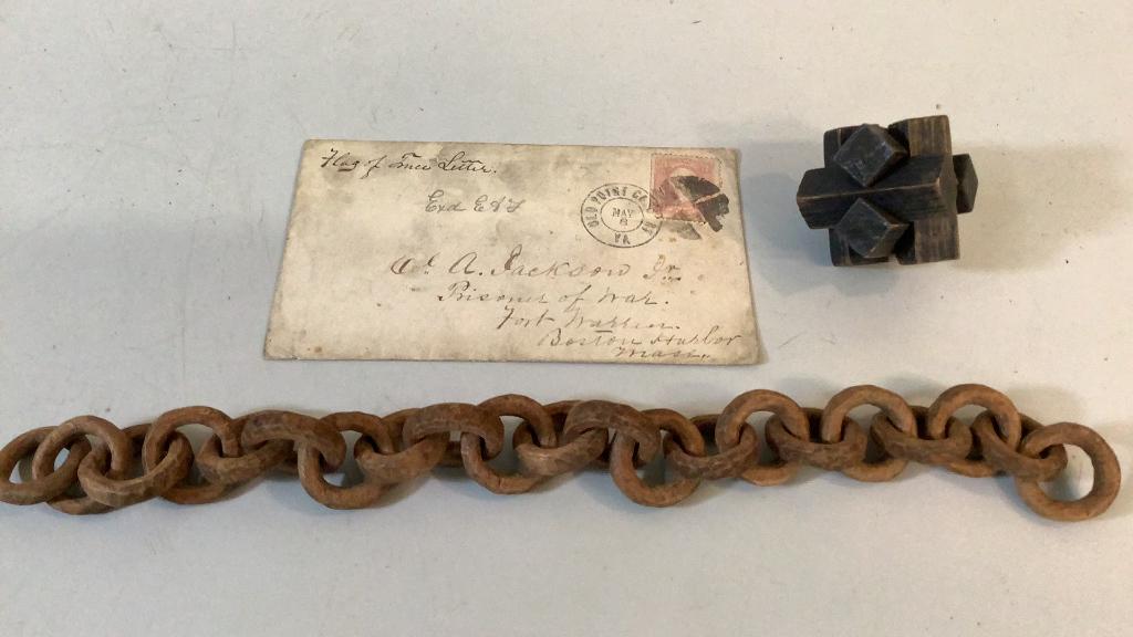 Prisoner of War Items: 12 inch carved circle chain, 2 inch puzzle block, Flag of Truce, Prisoner of War cover ( no letter), here addressed to Col. A. Jackson Jr., reputed to be adopted son of President Andrew Jackson, Fort