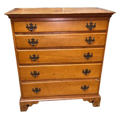 New England Chippendale Chest: 1850s, dovetailed case and drawers, bracket feet, graduated drawers, 44 tall x 39.5 wide x 20 deep