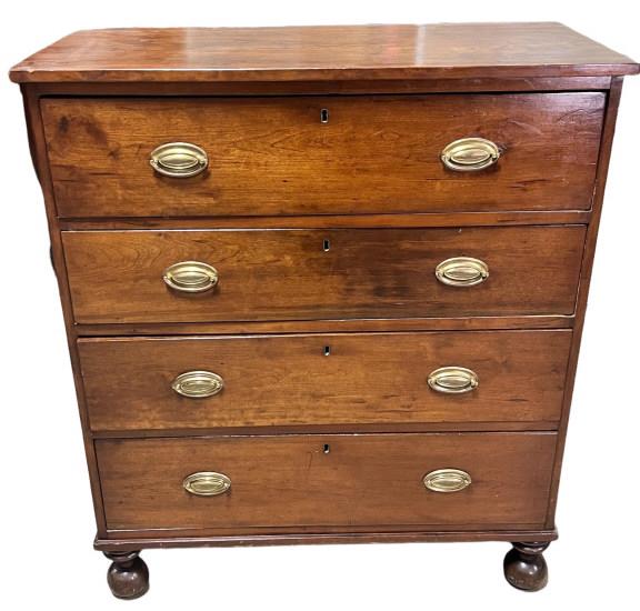 Sheraton Cherry Chest: North Carolina, in the Peterson Style, yellow pine back, cherry secondary, solid ends, Turin’s bulbous feet, replaced pulls, 44.5 tall x 39 wide x 18.5 deep