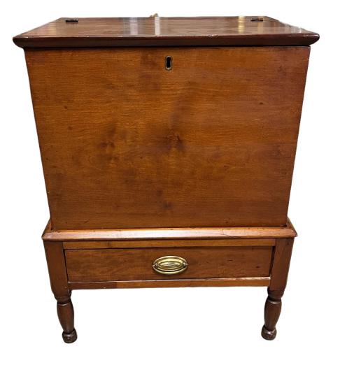 Rare Kentucky Sheraton Sugar Chest: Excellent condition, dovetailed face board, hinged lid over center divided well, sugar cone stains, small patch on drawer runner, pull has been replaced, 1950’s finish 32 tall x 23.5 wide x 17.75 de