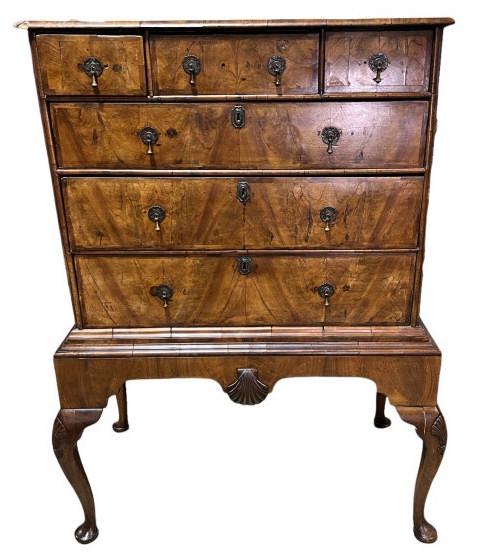 Burl Walnut Queen Anne Chest on Stand: Shell carved knees and skirt, replacement drop pulls, minor veneer & trim loss, 55 tall x 36.5 wide x 20.5 deep