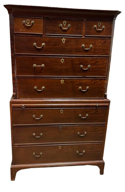 Chippendale Mahogany Bachelors Chest on Chest: Bracket door, bail pulls, banded & dovetailed drawers, pull out writing surface, minor veneer and trim losses. Dovetailed case 71 T x 41 W x 21 D