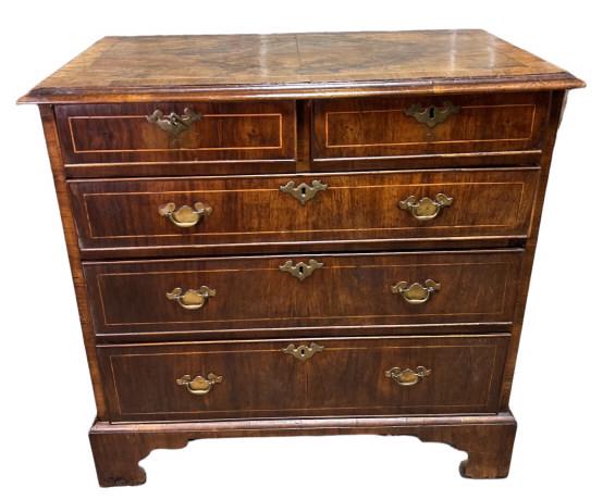 19th C English Chippendale Chest: Mahogany with Burl walnut accents, string inlay, Bracket feet, banded and dovetailed drawers, minor losses, 33.5 tall x 35 tall x 19.5 deep