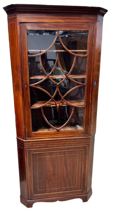 Inlaid Mahogany Corner Cabinet: Original glass, scalloped skirt, string inlay, 1900’s, 78 tall x 35 wide x 20.5 deep