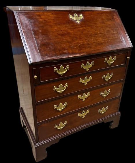 English Chippendale Mahogany Slant Front Desk: Tall bracket foot, batwing pulls, banded & dovetailed drawers, 39 tall by 30 wide by 17 Deep