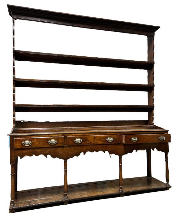 Exceptional Oak Welsh Dresser: Scroll cut skirt, 3 dovetailed drawers, paneled lower shelf, cookie corners, 90.5 tall x 80.5 wide x 17.5 deep