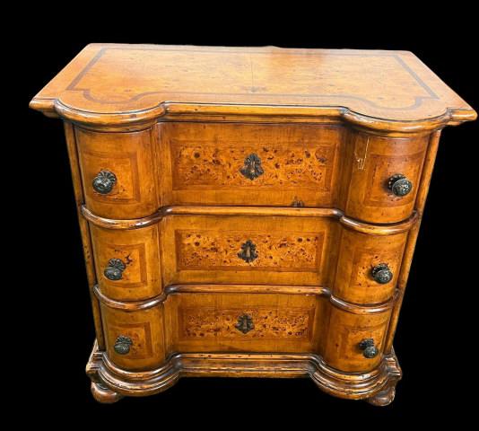 Contemporary Rococo Burl Walnut Commode: Nice form and size, 28.5 tall x 29.5 wide x 17 deep