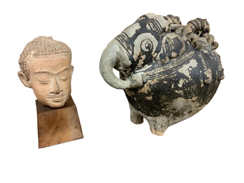 Khmer Elephant Jar, Pottery Bust: 8 inch tall elephant form jug or jar, reputed as Khmer, and a4 inch bust of the Buddah, in repose, red clay pottery, possibly Sawankhalok