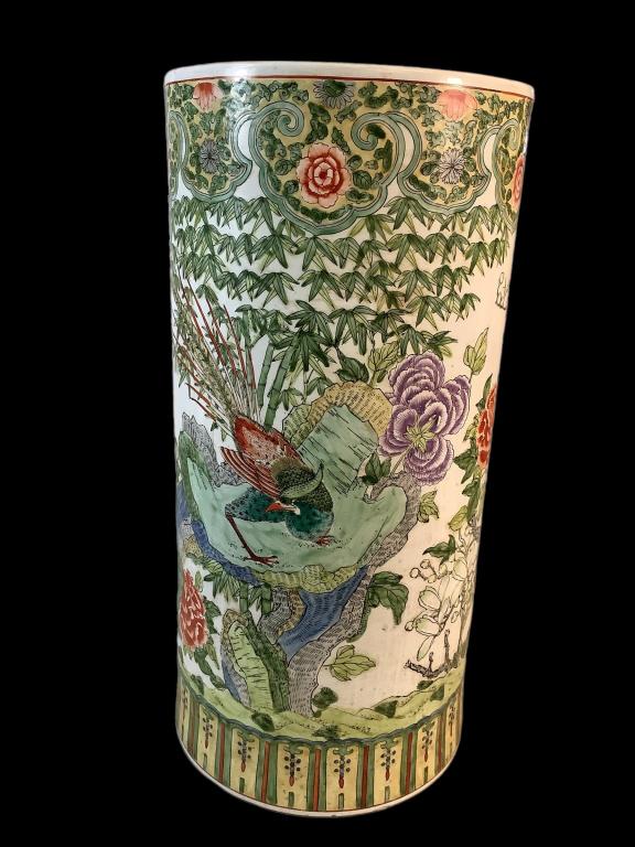 Famille Porcelain Umbrella Stand: 18 inches tall, design with birds, Pheasants, multi florals, repeating border banding, foliate swags to rim, base with 6 character mark in red * used with light interior wear