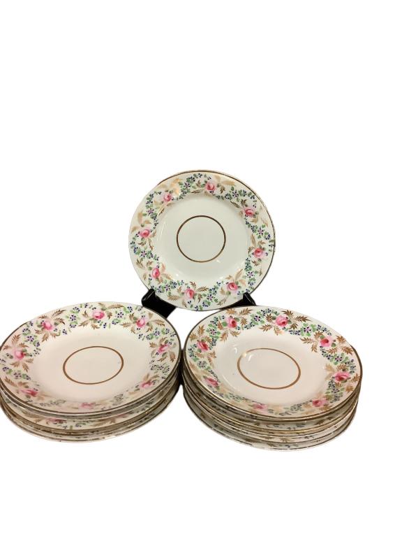 Set 12 Crown Derby Dessert Plates: 8 inches, with vine and foliate banding, gilt trims* light wear, rubs to gilt