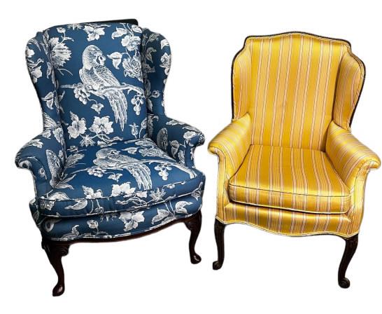 2 Antique WingBacks: George III beautiful parrot fabric 45 tall to back, 24 to seat x 36 wide x 22 deep Regency in striped silk 45 tall to back, 21 tall to seat x 32 wide x 22 deep