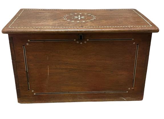 Spanish Colonial Inlaid Walnut Truck: Diminutive size, bone and ebony inlay, newer hinges, dovetailed case. It measures 15T x 25W x 14D