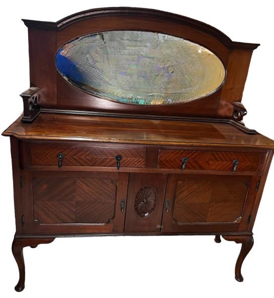 Edwardian Mahogany Buffett: Beveled mirror, pad feet, carved central medallion, 59 tall to top, to Buffett surface x 54 wide x 19.5 deep