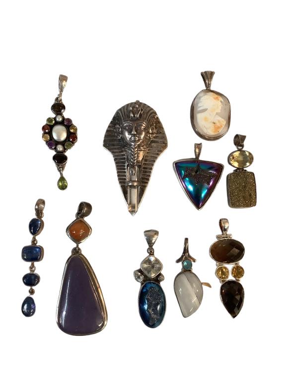 10 Sterling Mount Pendants: 2.5 inch Pharaoh with Crystal beard, 5 with various crystal or stone setting, Cameo, Lapis style 4 stone drop..mountings marked 925