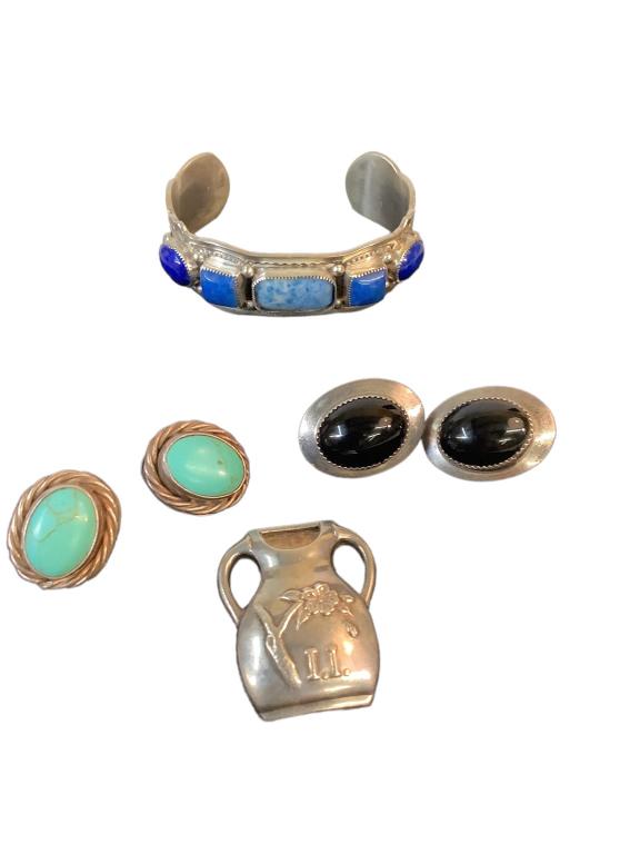 Collection of Sterling Jewelry: Southwest Style cuff with Blue Sodolite stones, stamped WB, possibly William Begay, 2 pair sterling mount earrings small sterling vase brooch