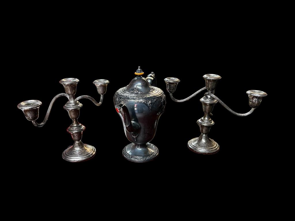Pair Weighted Sterling Candelabra & Tea Pot (1 of 4)