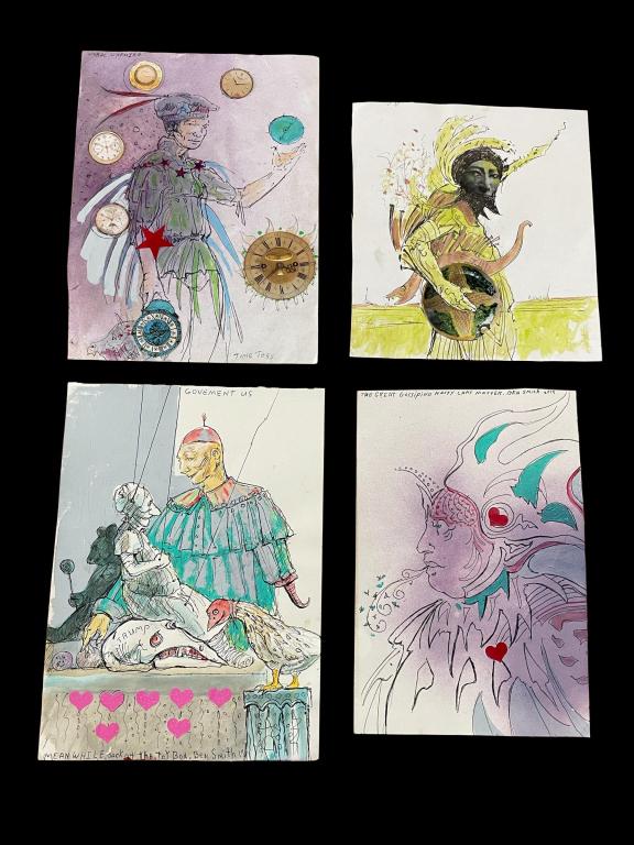 4 Mixed Media Collages, Ben Smith: GA 1941-2021..pen, graphite, WC, acrylic, spray paint, stickers, and/or magazine cuttings on paper..tears, folds, creases, stains..largest approx 9x12