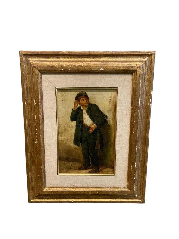 A Young Boy on the Sidewalk, Oil on Canvas: Late 19th to 20th cent., signed Wm (William) Brown l.r., relined, craquelure and surface dust, minor paint loss, giltwood frame with damage, sight 11H x 7W