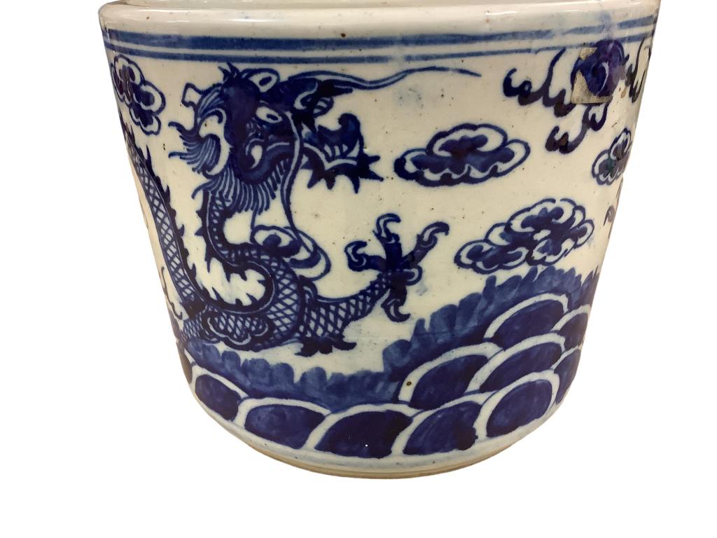 Export Porcelain DragonnPlanter: 8 x 10 inches, undulating dragons with clouds, and bats, unglazed base