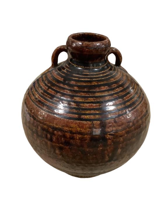 Khmer Iron Brown Glazed Jar: 7 1/8 inches tall, early around 16 th cent., banded circular upper, unglazed to base