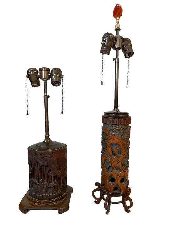 2 Carved Bamboo Brush Pot Lamps (1 of 7)
