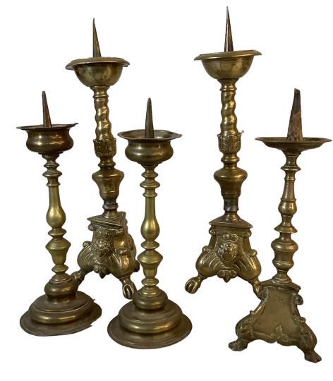 Five Brass Pricket Candlesticks (1 of 3)