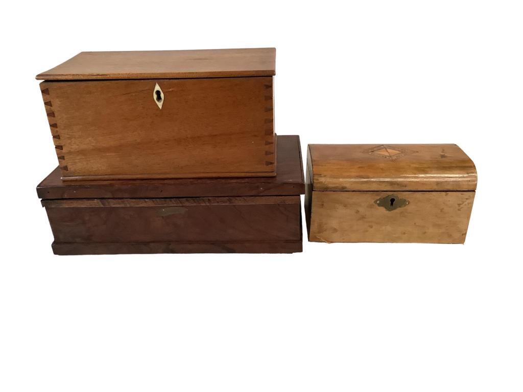 Tea Caddy, Table Boxes: Burl wood dome top tea caddy, inlaid diamond lid, double compartment interior , 4 x 9 dove tailed box, bone escutcheon, walnut lidded box, old velvet liner, top has had some inlay in past ( missing), 