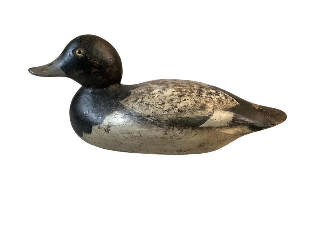 Decoy: 13 inch painted decoy with glass eyes, no keel, unknown maker, lots of character