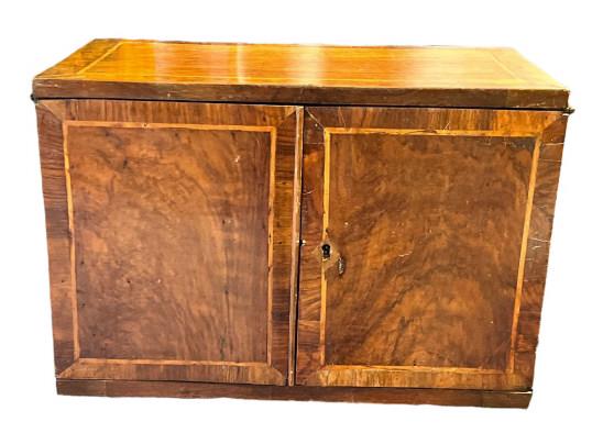 Edwardian Table Cabinet: Mahogany with satinwood inlay, serpentine Drawers, no feet, 13 tall x 20 wide x 10.5 deep