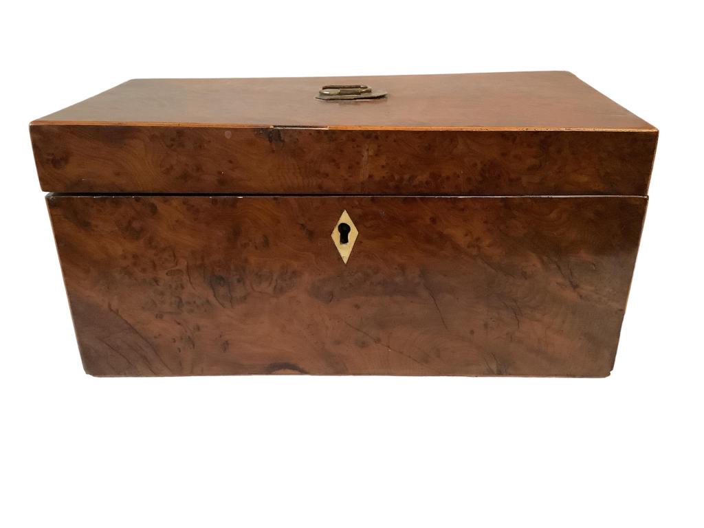 Burl Tea Caddy: 12 x 6 x 6 inches, with 2 interior compartments, a center section which contained a mixing bowl ( not present), bone key escutcheon, small brass plate with handle, * base has been felted