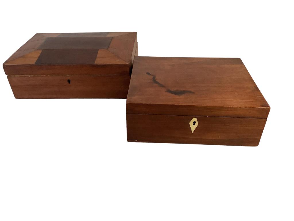 Two Wooden Document Boxes: 8 x 9 inch box, hinged lid, interior divider and bone key escutcheon, 8 x 11 inch hinged box, marquetry work lid , interior has felt inning, probably a later addition