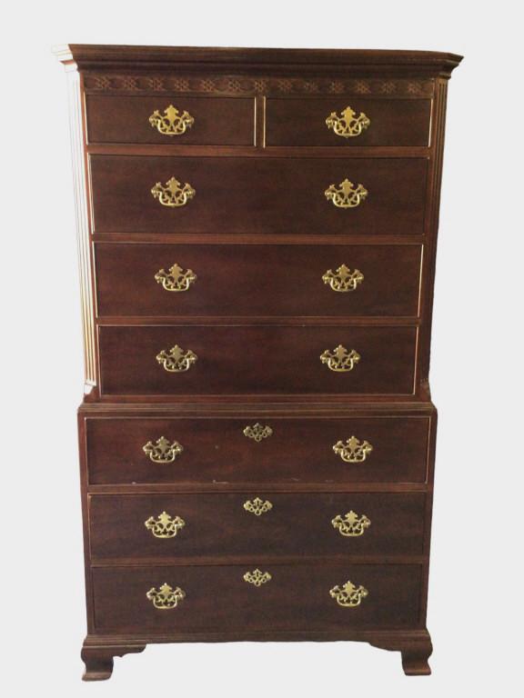 Chippendale style Hinkle Harris chest: Hinkle Harris 8 drawer chest in Chippendale style. Brass pulls and OG bracket feet. It measures 67T x 40W x 20D