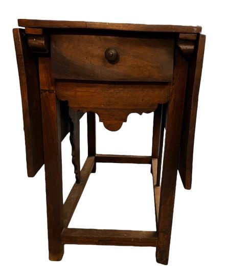 18th C French Walnut Drop Leaf: Dovetailed drawers on both ends, scalloped supports & skirt, 30 tall x 38 deep x 18.5 wide, 49 open