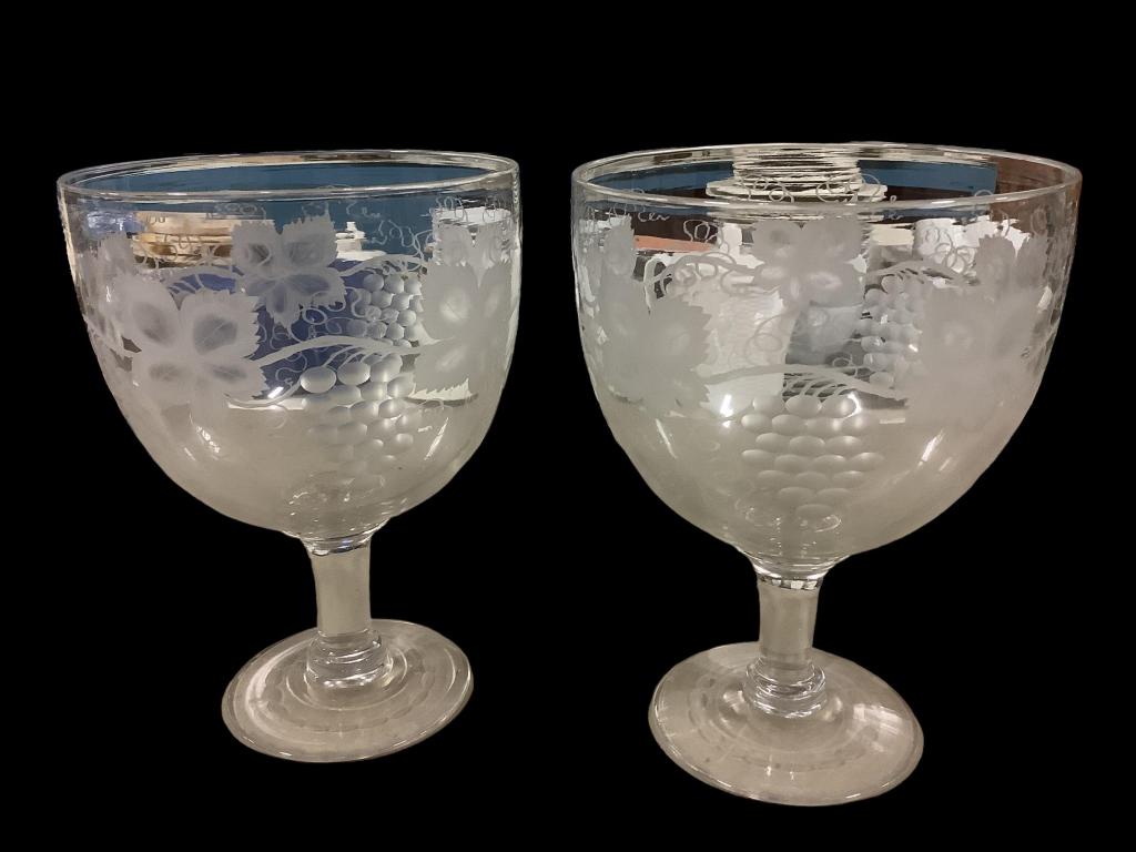 Pair Oversized Etched Glass Footed Stems (1 of 3)