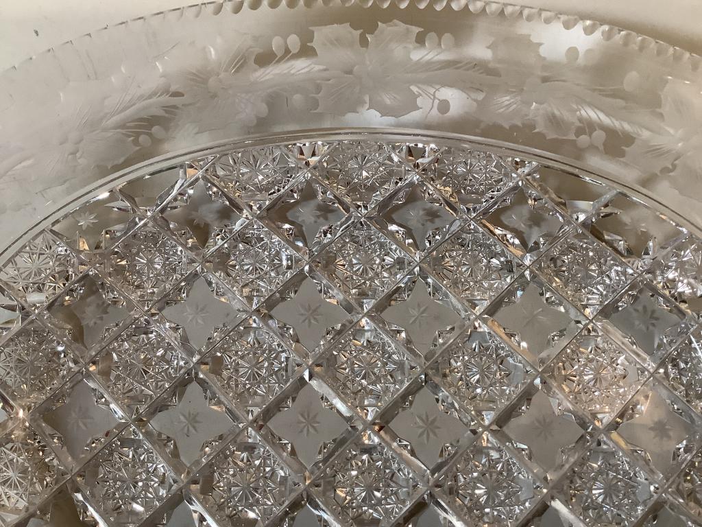 Sinclair Cut Glass Bowl: Snow Flake and Holly, 10 inch oval, small chip under rim