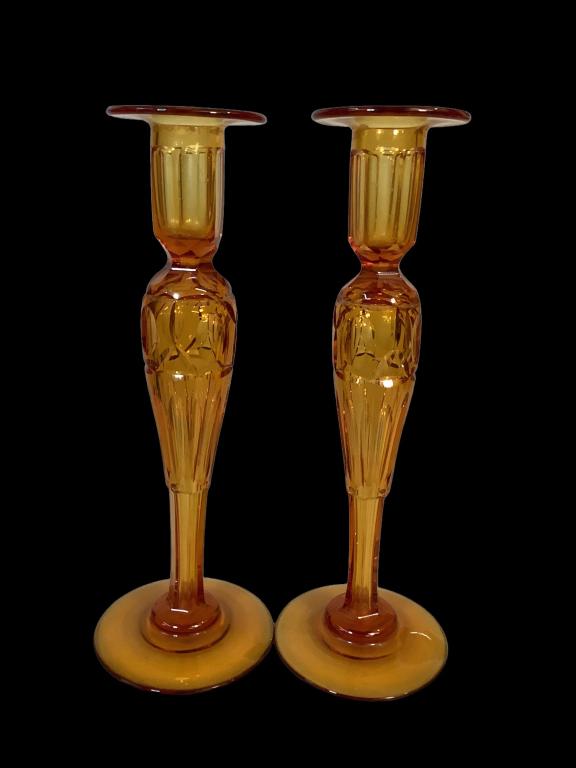 Pair Amber Cut Glass Candlesticks (1 of 4)