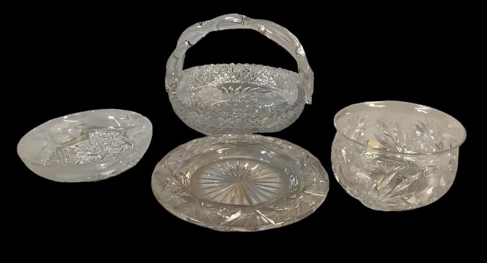 Four Pieces Cut and Etched Glass: American cut6.5 inch wine coaster , hobstar and flash, Hawkes 5 inch dish, Kohinoor leaves and berries, 4.5/Finger bowl, flowers, leaves, blaze cut base, 7 1/4 inch low basket, rope handle