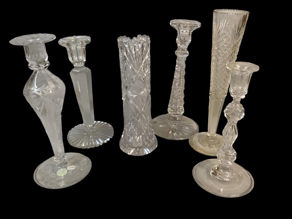 Etched and Cut Glass Candlesticks  and Vases (1 of 5)